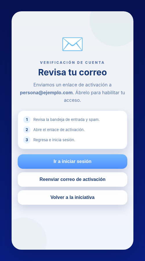 Pantalla de activación de cuenta de LIHONA